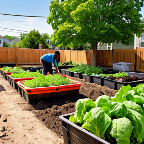 Home 4 **Image of a vibrant community garden in an urban neighborhood. Diverse people, including children, are harvesting vegetables and smiling. Compost bins are visible in the background. The style should be realistic and capture a sense of community and sustainability.**