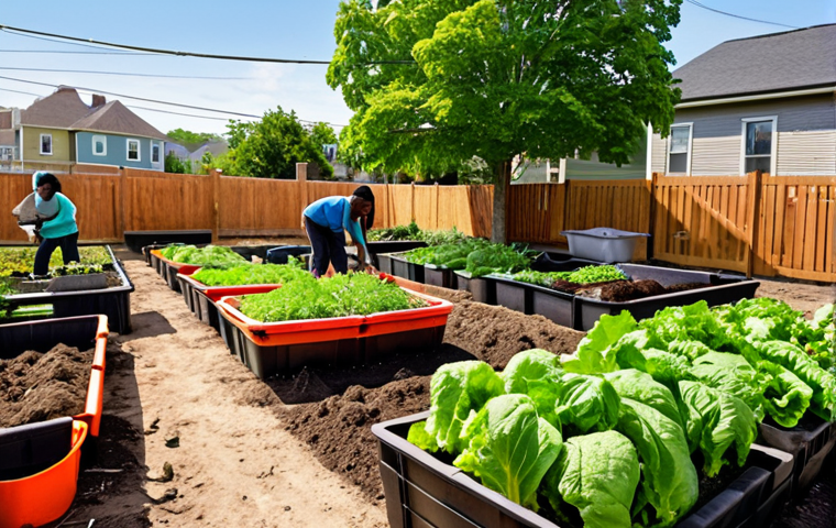 **Image of a vibrant community garden in an urban neighborhood. Diverse people, including children, are harvesting vegetables and smiling. Compost bins are visible in the background. The style should be realistic and capture a sense of community and sustainability.**